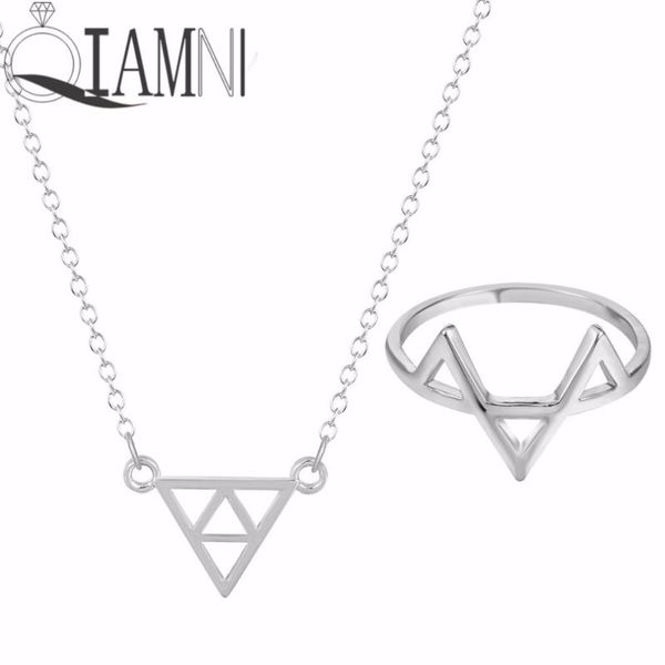 earrings & necklace qiamni triangle tiny geometric shape necklaces for women vintage rings jewelry sets party birthday, Silver 
earrings & necklace qiamni triangle tiny geometric shape necklaces for women vintage rings jewelry sets party birthday, Silver