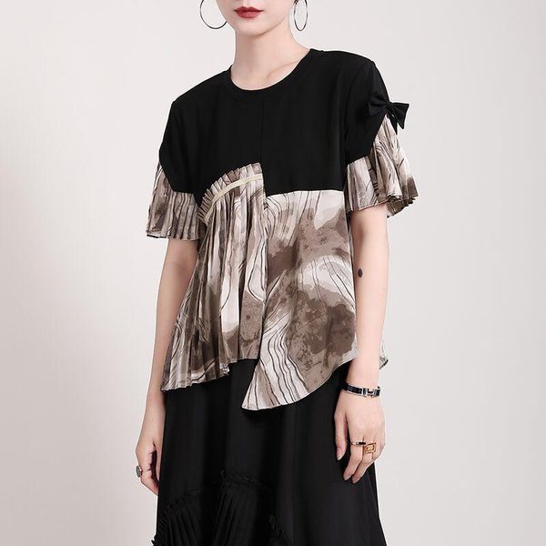 women's blouses & shirts 2021 summer design irregular organ pleated chiffon shirt contrast round neck fashion, White