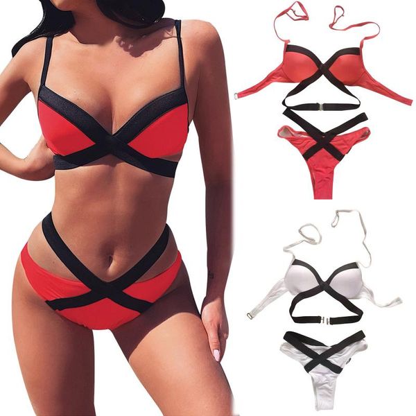 women's swimwear solid color bikini steel matching swimsuit two piece set back cross bandeau bathing 2021, White;black
women's swimwear solid color bikini steel matching swimsuit two piece set back cross bandeau bathing 2021, White;black