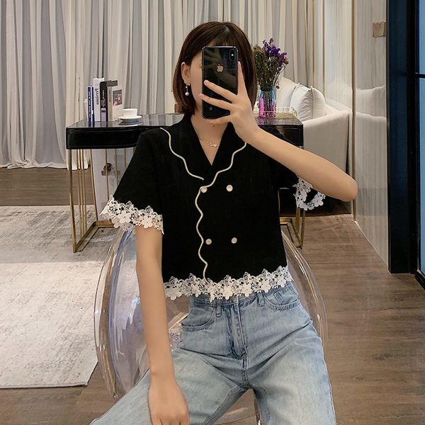 shirt crop thin women summer short pullover notched collar white patchwork black knitted blouse top
shirt crop thin women summer short pullover notched collar white patchwork black knitted blouse top