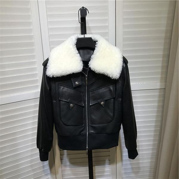 women's leather & faux autumn women spring brand genuine jackets chic real sheepskin biker coat b635, Black
women's leather & faux autumn women spring brand genuine jackets chic real sheepskin biker coat b635, Black
