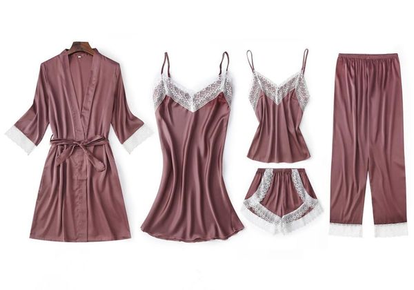 women's sleepwear brand 5pcs suit ladies silk satin pajama set female lace pyjama autumn winter home wear nightwear for women, Black;red
women's sleepwear brand 5pcs suit ladies silk satin pajama set female lace pyjama autumn winter home wear nightwear for women, Black;red