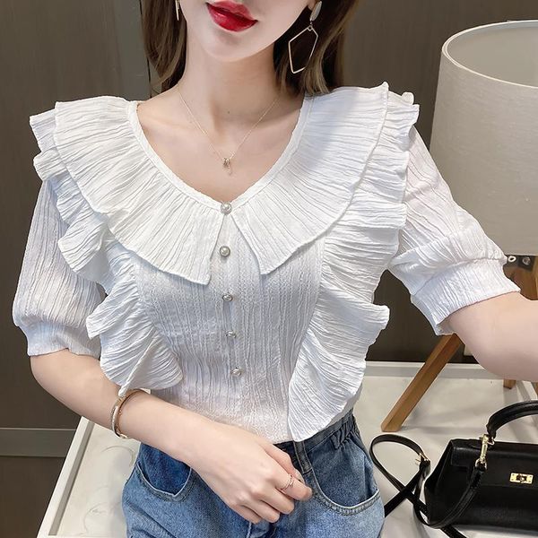 women's blouses & shirts solid color women clothing loose 2021 korean ruffled stripe chiffon shirt short sleeve v-neck blouse 518a, White
women's blouses & shirts solid color women clothing loose 2021 korean ruffled stripe chiffon shirt short sleeve v-neck blouse 518a, White