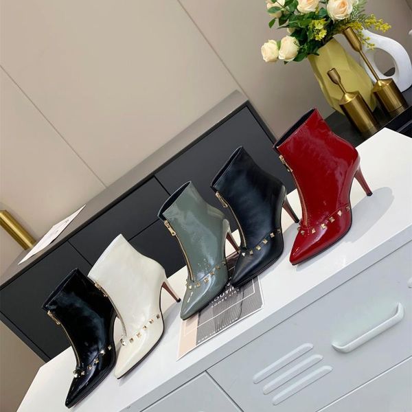 boots rivets patent ankle women pointed toe high thin heels zipper genuine leather 2021 designer shoes, Black
boots rivets patent ankle women pointed toe high thin heels zipper genuine leather 2021 designer shoes, Black