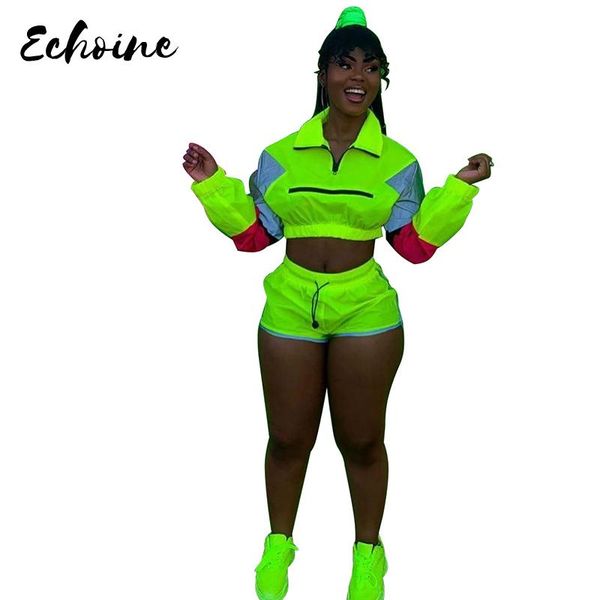 echoine fashion casual reflective patchwork two pieces sporting suits tracksuits women long sleeve zipper crop shorts women's, Gray 
echoine fashion casual reflective patchwork two pieces sporting suits tracksuits women long sleeve zipper crop shorts women's, Gray