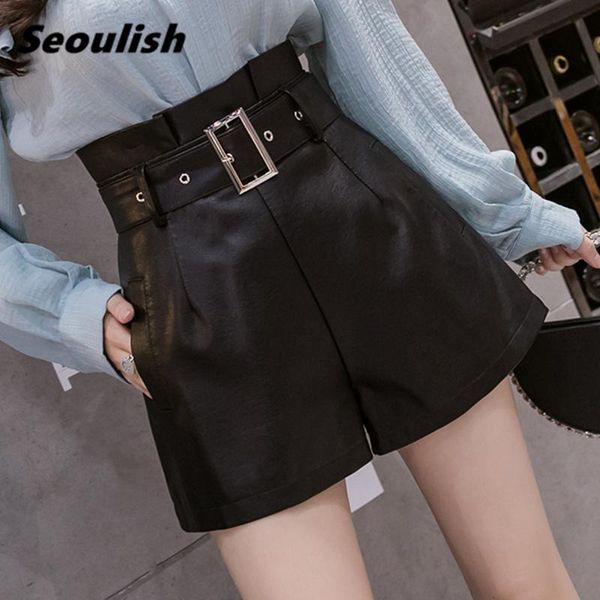 women's shorts seoulish 2021 autumn winter black pu leather with belted casual high waist wide leg pockets elegant trousers female, White;black
women's shorts seoulish 2021 autumn winter black pu leather with belted casual high waist wide leg pockets elegant trousers female, White;black