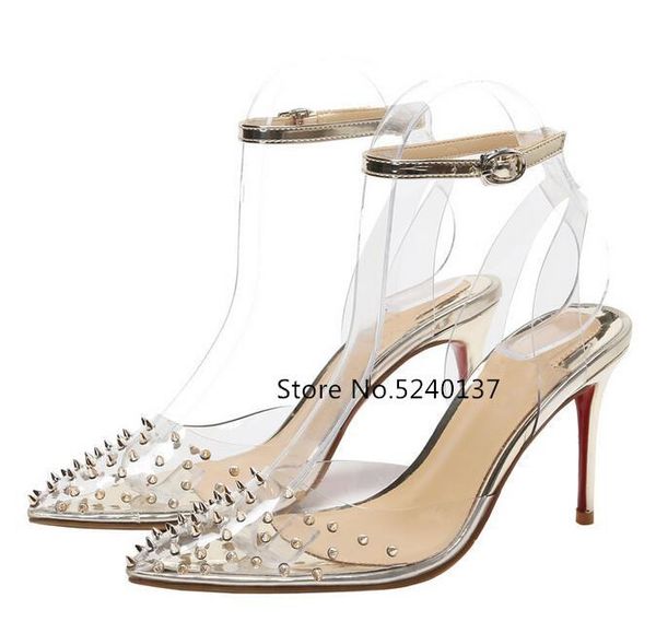 rivets studded transparent pvc high heel women sandals pointed toe buckle strap thin slingback party/wedding femme, Black
rivets studded transparent pvc high heel women sandals pointed toe buckle strap thin slingback party/wedding femme, Black