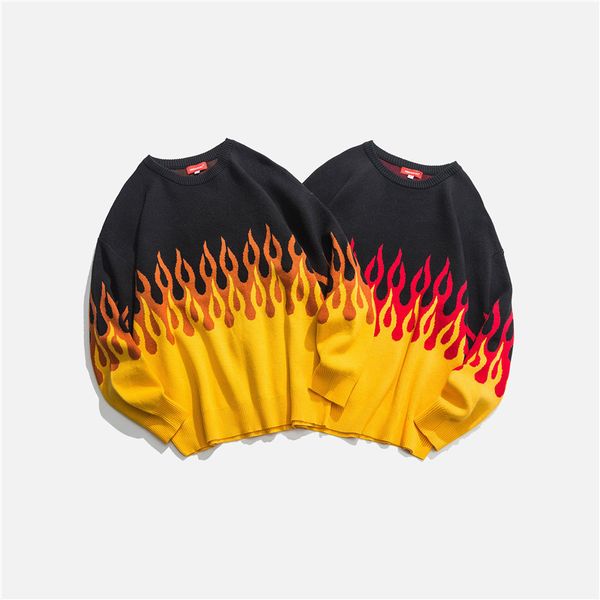 fashion knit chaoke element guochao men's t-neck sweater american street youth flame jacquard ted pullover, White;black
fashion knit chaoke element guochao men's t-neck sweater american street youth flame jacquard ted pullover, White;black