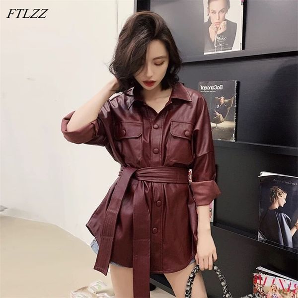 women pu leather jacket streetwear casual female black long faux jackets coat spring ladies outwear with belt 210430
women pu leather jacket streetwear casual female black long faux jackets coat spring ladies outwear with belt 210430