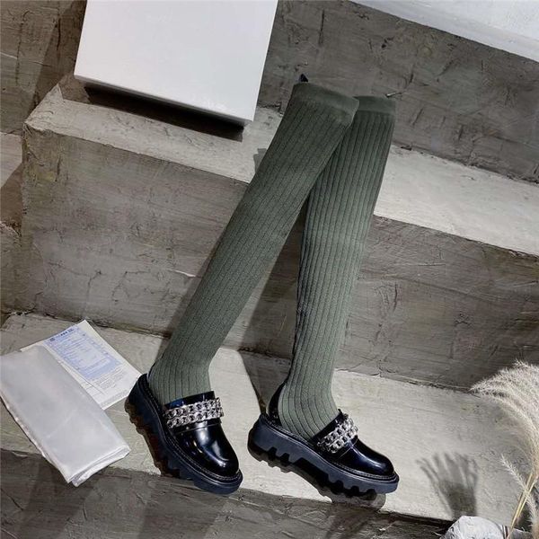 boots elastic socks woman genuine leather metal chain thick bottom brand over the knee flat high, Black
boots elastic socks woman genuine leather metal chain thick bottom brand over the knee flat high, Black