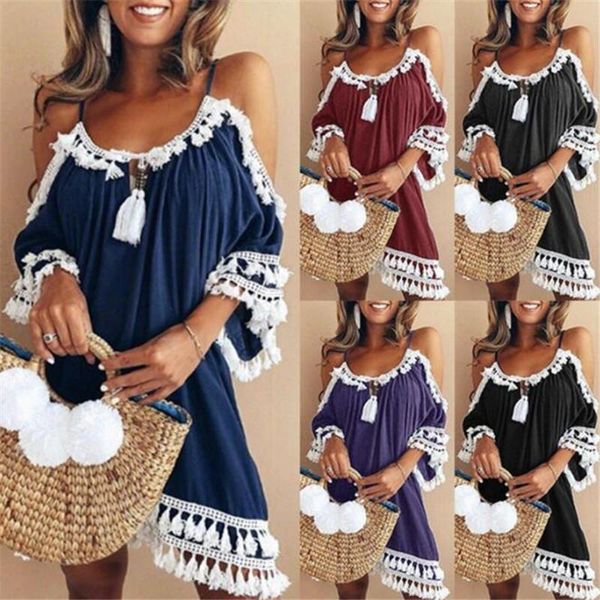 casual dresses fashion summer women tassel mini dress off shoulder halter half sleeve vintage female 2 colors, Black;gray
casual dresses fashion summer women tassel mini dress off shoulder halter half sleeve vintage female 2 colors, Black;gray