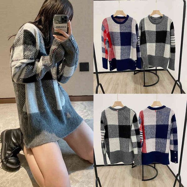 21 tide new tb four bar men and women lovers same loose large lattice stitched wool mohair sweater, White
21 tide new tb four bar men and women lovers same loose large lattice stitched wool mohair sweater, White