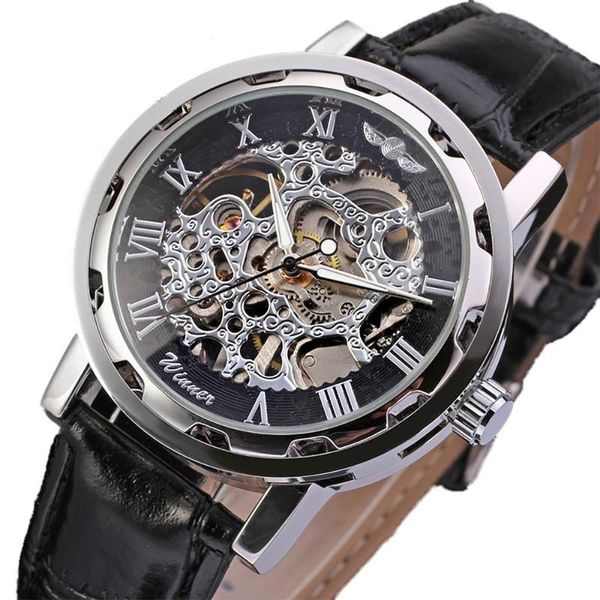 wristwatches classic men's black leather dial skeleton mechanical sport army wrist watch, Slivery;brown
wristwatches classic men's black leather dial skeleton mechanical sport army wrist watch, Slivery;brown