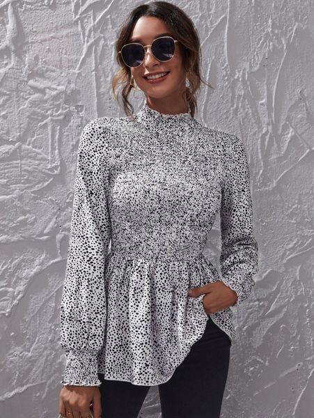 mock neck dalmatian print shirred bodice peplum g8z1#, White
mock neck dalmatian print shirred bodice peplum g8z1#, White