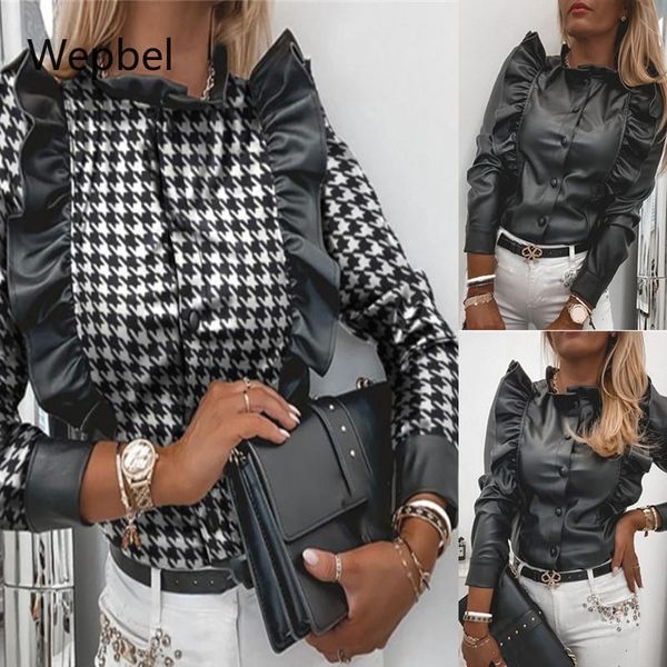 women's blouses & shirts wepbel slim-fit long-sleeved ruffled pu leather fashion shirt women clothing houndstooth ruffle blouse, White
women's blouses & shirts wepbel slim-fit long-sleeved ruffled pu leather fashion shirt women clothing houndstooth ruffle blouse, White