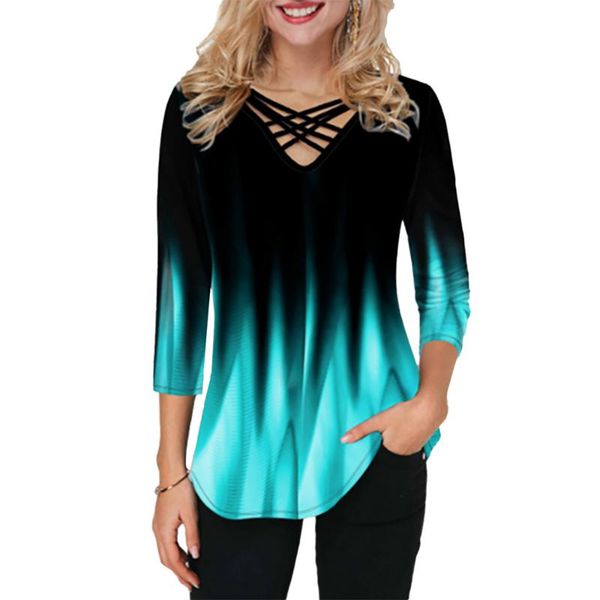 women gradient t-shirt 2021 summer vneck fashion printed loose femme cross bandage 3/4 sleeve casual hollow out clothes d30 women's, White
women gradient t-shirt 2021 summer vneck fashion printed loose femme cross bandage 3/4 sleeve casual hollow out clothes d30 women's, White