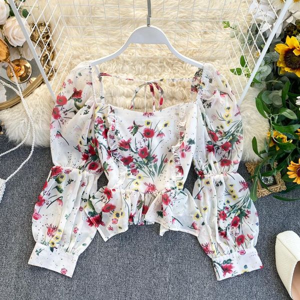 women's blouses & shirts womens and french style floral print square neck designer irregular ruffle elastic chiffon shirt back tie, White