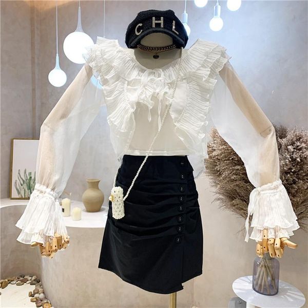 women's blouses & shirts niche design clothing summer 2021 fashion long sleeve ruffle thin shirt with sling, White
women's blouses & shirts niche design clothing summer 2021 fashion long sleeve ruffle thin shirt with sling, White