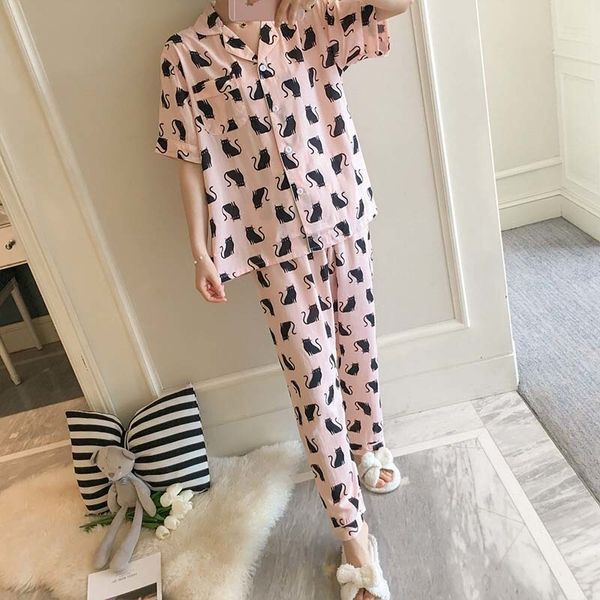 women's sleepwear spring new ladies pajamas set turn down collar short sleeve+pants loose soft comfort cartoon print thin homewear, Black;red
women's sleepwear spring new ladies pajamas set turn down collar short sleeve+pants loose soft comfort cartoon print thin homewear, Black;red