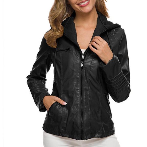women's leather & faux women plus size motor jacket pocket solid color hooded coat slim fits outwear for daily wear, Black
women's leather & faux women plus size motor jacket pocket solid color hooded coat slim fits outwear for daily wear, Black