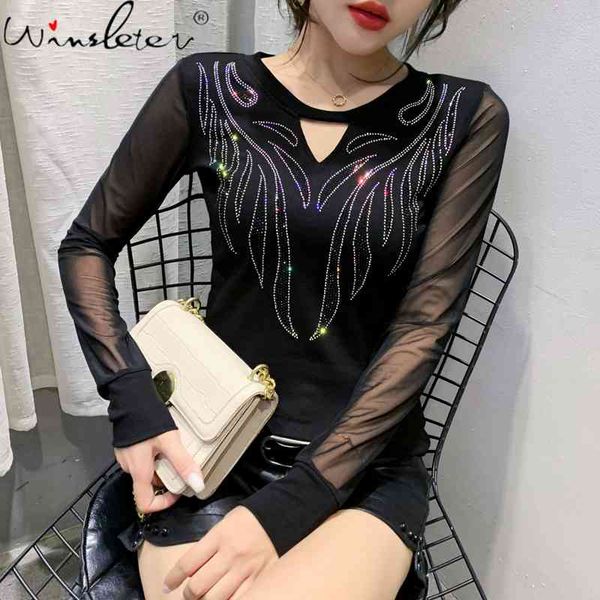 women's t-shirt spring fall korean style hollow out shiny diamonds long sleeve patchwork mesh ropa mujer cotton tees t00, White
women's t-shirt spring fall korean style hollow out shiny diamonds long sleeve patchwork mesh ropa mujer cotton tees t00, White