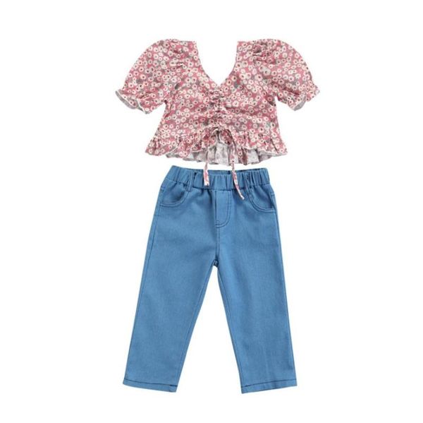 pieces kids suit set girls floral print v-neck short sleeve crop solid color jeans for summer clothing sets, White
pieces kids suit set girls floral print v-neck short sleeve crop solid color jeans for summer clothing sets, White