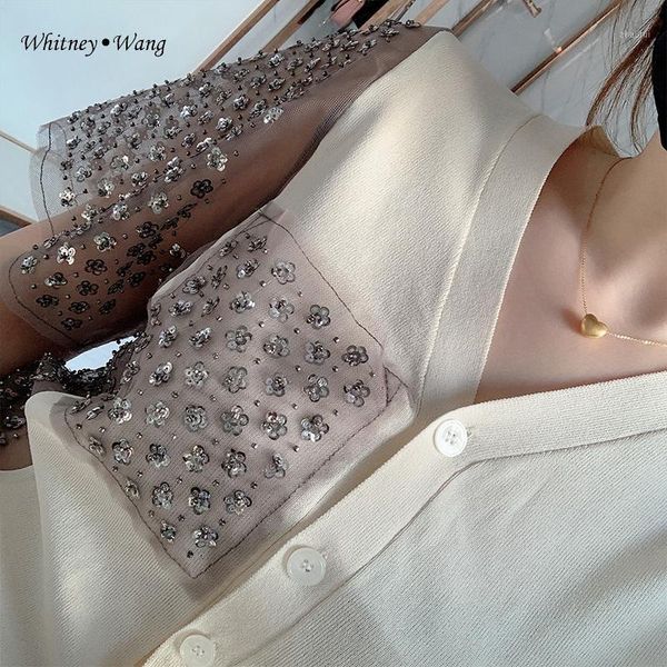 women's sweaters whitney wang 2021 spring summer fashion streetwear sequines beading florals mesh patchwork knitted women cardigan, White;black
women's sweaters whitney wang 2021 spring summer fashion streetwear sequines beading florals mesh patchwork knitted women cardigan, White;black