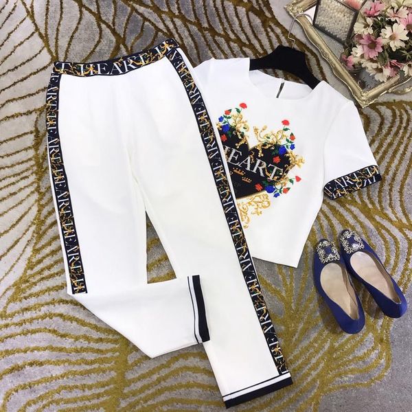 3.13 high end women's o-neck beading print short sleeve t-shirt + waist straight pants two piece set, White
3.13 high end women's o-neck beading print short sleeve t-shirt + waist straight pants two piece set, White