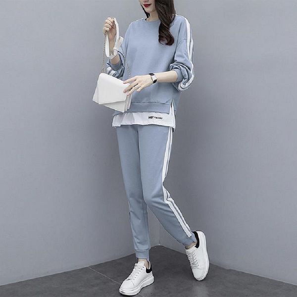 women's autumn large size micro fat loose round neck striped fashion casual sports suit women two piece pants, White
women's autumn large size micro fat loose round neck striped fashion casual sports suit women two piece pants, White