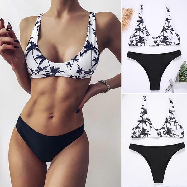women's swimwear print high cut bikini set for women spaghetti straps bralette padded bathing suit summer sexy, White;black
women's swimwear print high cut bikini set for women spaghetti straps bralette padded bathing suit summer sexy, White;black