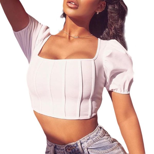 women's cropped shirt short-sleeved fall wrapped party puff pleated stripes square neck solid clothes t-shirt, White
women's cropped shirt short-sleeved fall wrapped party puff pleated stripes square neck solid clothes t-shirt, White