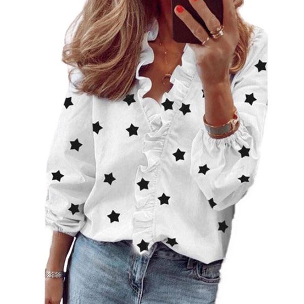 office lady star print ruffle blouse shirts 2021 summer long sleeve slim blouses fashion women v-neck women's &, White
office lady star print ruffle blouse shirts 2021 summer long sleeve slim blouses fashion women v-neck women's &, White