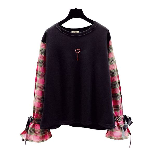women black pullover sweatshrits plaid pink embroidery key lace-up crew neck patchwork autumn sprint h0136 210514
women black pullover sweatshrits plaid pink embroidery key lace-up crew neck patchwork autumn sprint h0136 210514