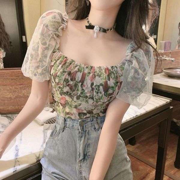 women's t-shirt french retro floral mesh stitching fashion square neck bubble sleeve elegant short temperament all-match chiffon shirt, White
women's t-shirt french retro floral mesh stitching fashion square neck bubble sleeve elegant short temperament all-match chiffon shirt, White