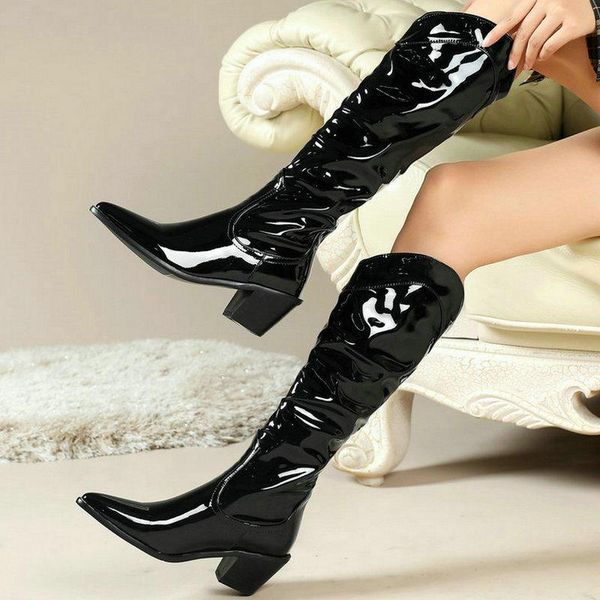 boots patent pu leather women western square toe pointed ladies knee high pleated slip on women's plus size 43, Black
boots patent pu leather women western square toe pointed ladies knee high pleated slip on women's plus size 43, Black