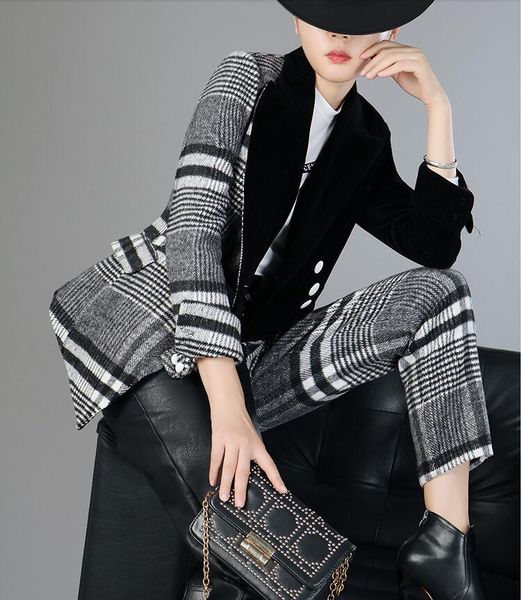 women's two piece pants fashion suit femme spring vintage plaid wool velvet stitching small short coat + two-piece women sets, White
women's two piece pants fashion suit femme spring vintage plaid wool velvet stitching small short coat + two-piece women sets, White