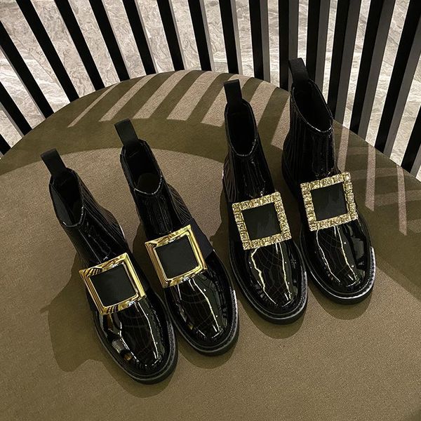 boots winter ankle women's shoes patent leather rhinestone square buckle motorcycle, Black