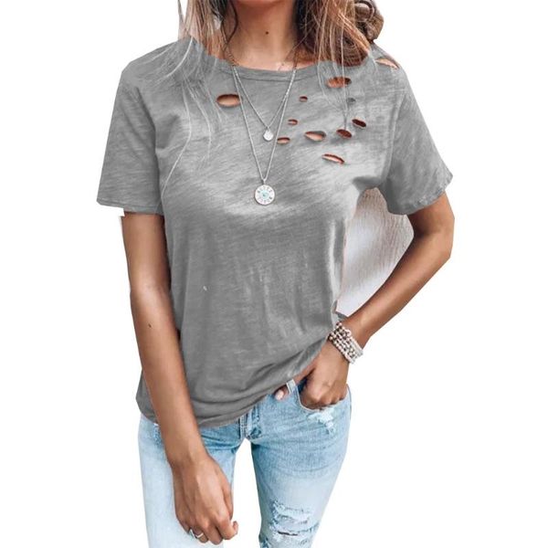 women girls summer ripped short sleeve t-shirt female solid color shirts women's, White
women girls summer ripped short sleeve t-shirt female solid color shirts women's, White