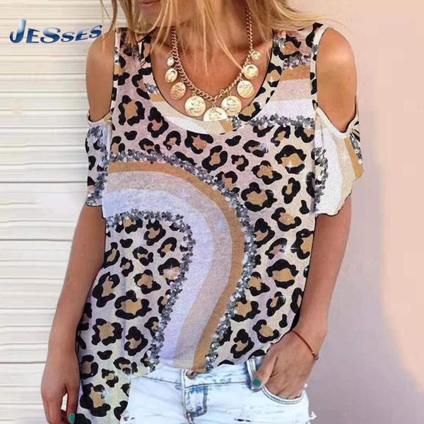 women's t-shirt leopard print off-shoulder ladies loose casual stitching round neck pullover for women short sleeve tee top, White
women's t-shirt leopard print off-shoulder ladies loose casual stitching round neck pullover for women short sleeve tee top, White