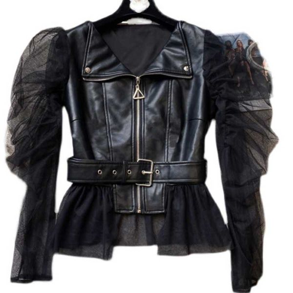 women's jackets 2021 autumn net rruffled mesh sleeves stitching pu short leather jacket fashion women coat, Black;brown
women's jackets 2021 autumn net rruffled mesh sleeves stitching pu short leather jacket fashion women coat, Black;brown