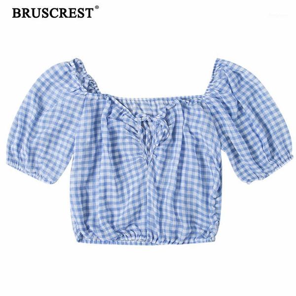 crop women summer elegant vintage plaid shirt tie front blouse woman puff sleeve ladies blue women's blouses & shirts, White
crop women summer elegant vintage plaid shirt tie front blouse woman puff sleeve ladies blue women's blouses & shirts, White