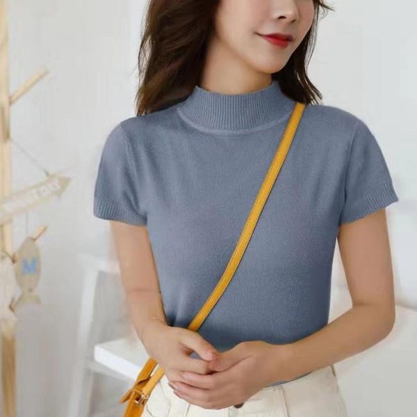 women's t-shirt vintage half turtleneck knitted short sleeve woman slim solid color t shirt summer korean style retro tee for women, White
women's t-shirt vintage half turtleneck knitted short sleeve woman slim solid color t shirt summer korean style retro tee for women, White