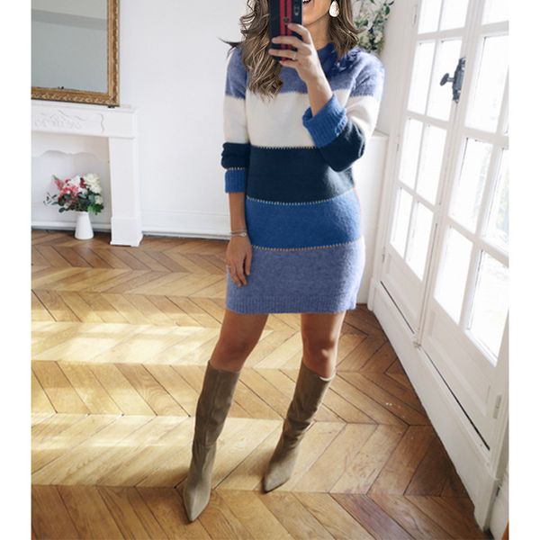 womens 2021 autumn and winter new solid color stitching knitted skirt casual contrast color round neck sweater dress, White;black
womens 2021 autumn and winter new solid color stitching knitted skirt casual contrast color round neck sweater dress, White;black
