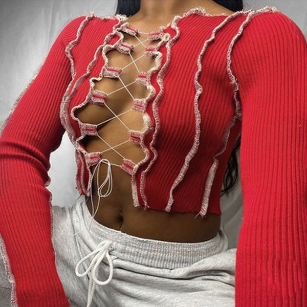 patchwork lace up long sleeve crop women ribbed party knitwear t-shirt hollow out bodycon club tie front top, White
patchwork lace up long sleeve crop women ribbed party knitwear t-shirt hollow out bodycon club tie front top, White