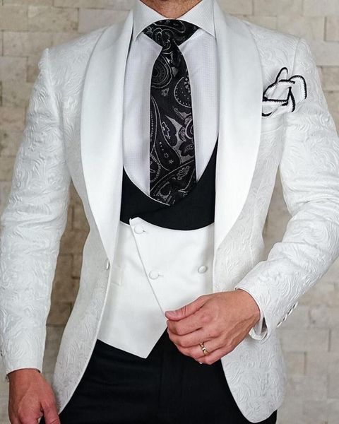 men's suits & blazers white printed classic design slim fit shawl lapel tuxedos 3-pieces groomsmen dress for wedding (blazer+vest+pants, White;black
men's suits & blazers white printed classic design slim fit shawl lapel tuxedos 3-pieces groomsmen dress for wedding (blazer+vest+pants, White;black