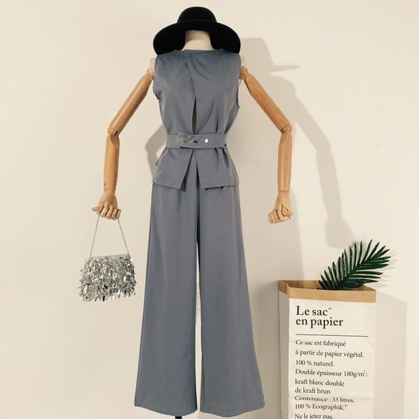 women's two piece pants 2021 fashion clothing set round neck vest sleeveless belt + high waist wide leg trousers sets, White
women's two piece pants 2021 fashion clothing set round neck vest sleeveless belt + high waist wide leg trousers sets, White