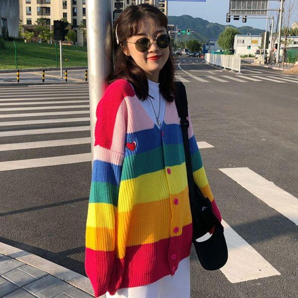 women's knits & tees uvrcos 2021 spring and autumn rainbow stripe v-neck elastic loose knit coat cardigan sweater, White
women's knits & tees uvrcos 2021 spring and autumn rainbow stripe v-neck elastic loose knit coat cardigan sweater, White