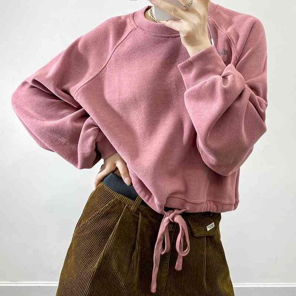 women's 2021 early autumn college style loose long sleeve round neck drawstring casual short top, Black
women's 2021 early autumn college style loose long sleeve round neck drawstring casual short top, Black