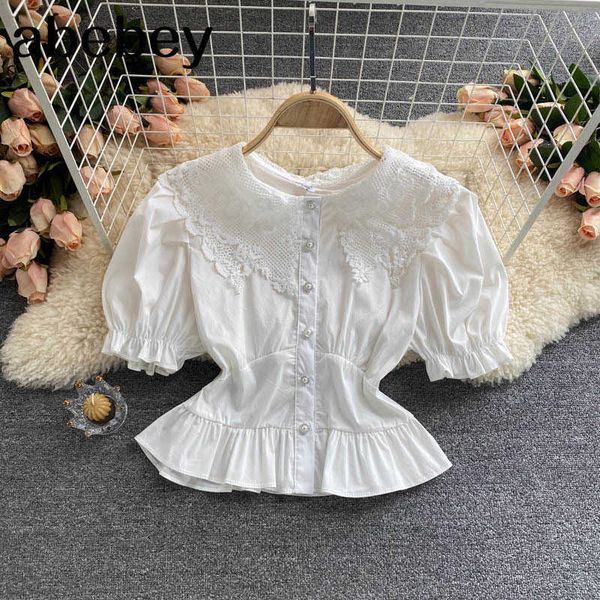 women sweet blouse puff sleeve peter pan collar solid casual summer fashion streetwear short blouses 210715, White
women sweet blouse puff sleeve peter pan collar solid casual summer fashion streetwear short blouses 210715, White