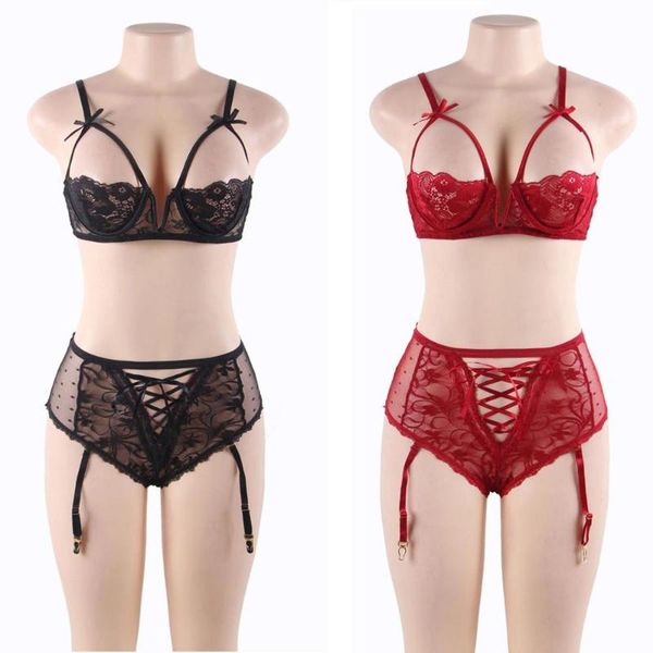 bras sets women demi cup lace bikini lingerie set see-through cupless bra and up brief with garter belt underwear plus size, Red;black
bras sets women demi cup lace bikini lingerie set see-through cupless bra and up brief with garter belt underwear plus size, Red;black